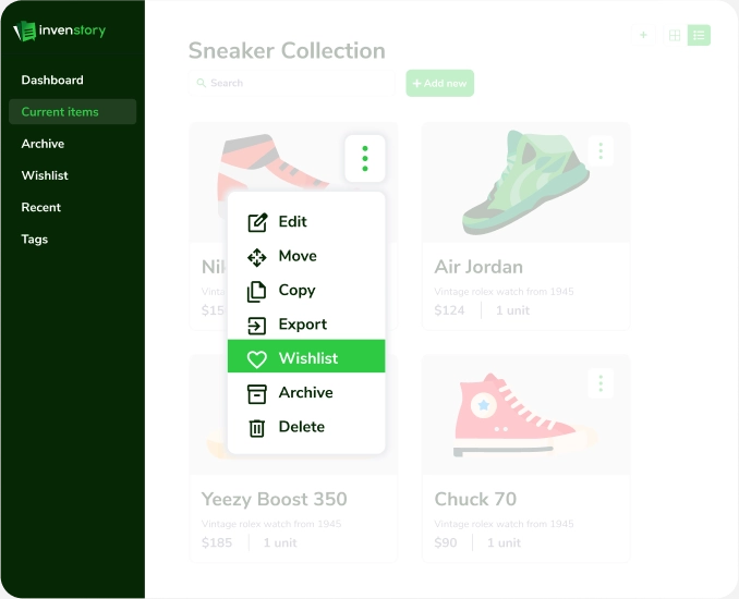 Screenshot showing the Wishlist feature of Invenstory.