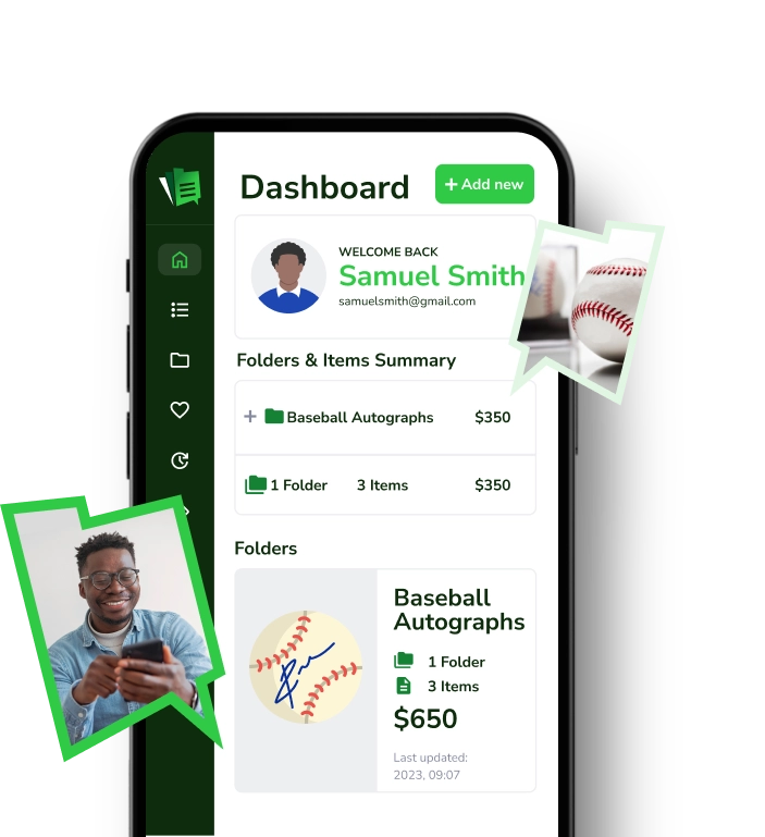 Example user dashboard showing a baseball autograph collection.