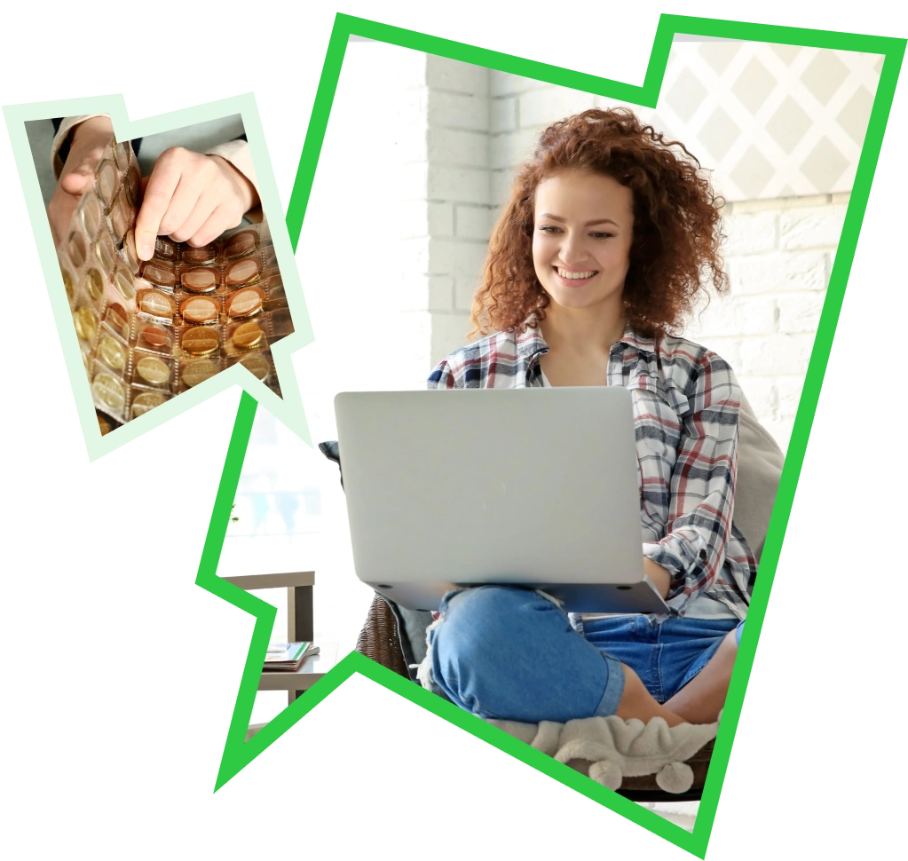 Two images – one of a woman smiling at a laptop, the other of a coin collector's collection.